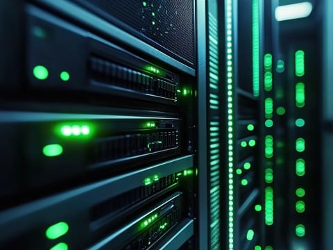 Close up image of data centre server racks. AI generated