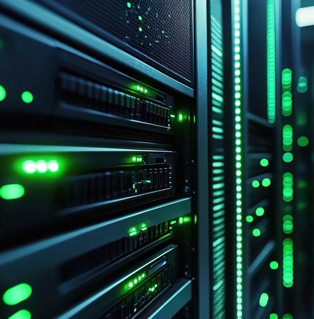 Closeup of a data centre server rack